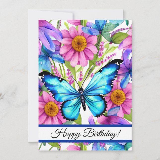 Cartes Pour Fêtes Annuelles Papillon bleu dans un champ de fleurs (Devant)