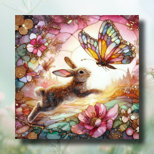 Cartes Pour Fêtes Annuelles Papillon lapin en verre doré rose Pâques