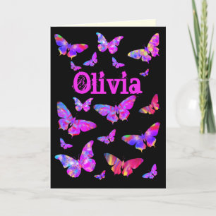Cartes Pour Fêtes Annuelles Papillon rose psychédélique Pop Art Olivia Nom
