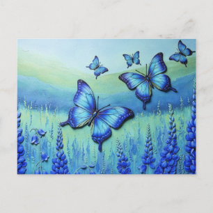 Cartes Pour Fêtes Annuelles Papillons Bleus avec des Fleurs Bleues,