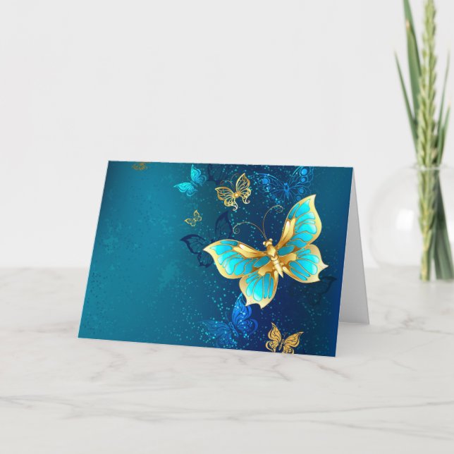 Cartes Pour Fêtes Annuelles Papillons d'or sur un Arrière - plan bleu (Devant)