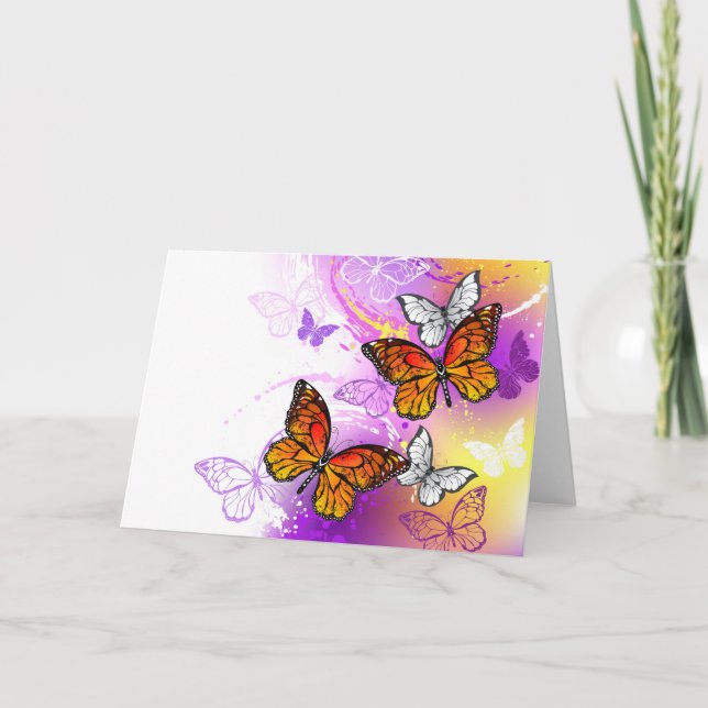 Cartes Pour Fêtes Annuelles Papillons Monarque sur Arrière - plan pourpre (Devant)