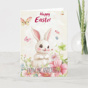 Cartes Pour Fêtes Annuelles Papillons verts roses et lapin mignon