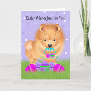Cartes Pour Fêtes Annuelles Pâques Avec Petit Poméranien Avec Panier Pâques
