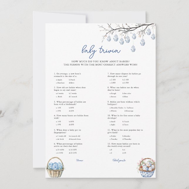 Cartes Pour Fêtes Annuelles Pâques Baby Trivia Baby shower Game Card (Devant)