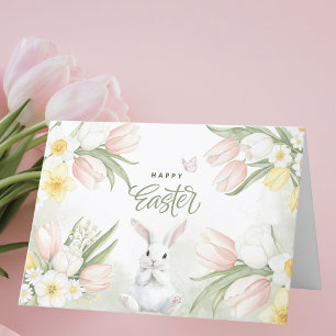 Cartes Pour Fêtes Annuelles Pâques Bunny Pastel Tulipes Daffodiles Joyeux Pâqu