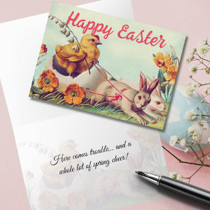 Cartes Pour Fêtes Annuelles Pâques calèche poule et lapin vintage