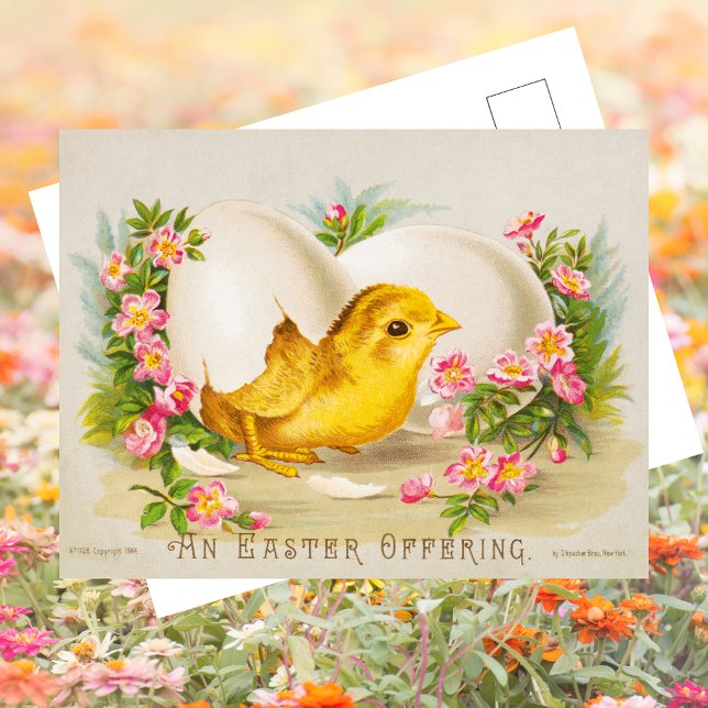 Cartes Pour Fêtes Annuelles Pâques Heureux Fleur Œuf Poulet Mignon Rétro Vinta (Vintage Retro Cute Chick Chicks Chicken Egg Eggs Floral Joy Happy Easter Greetings Holiday Postcard)
