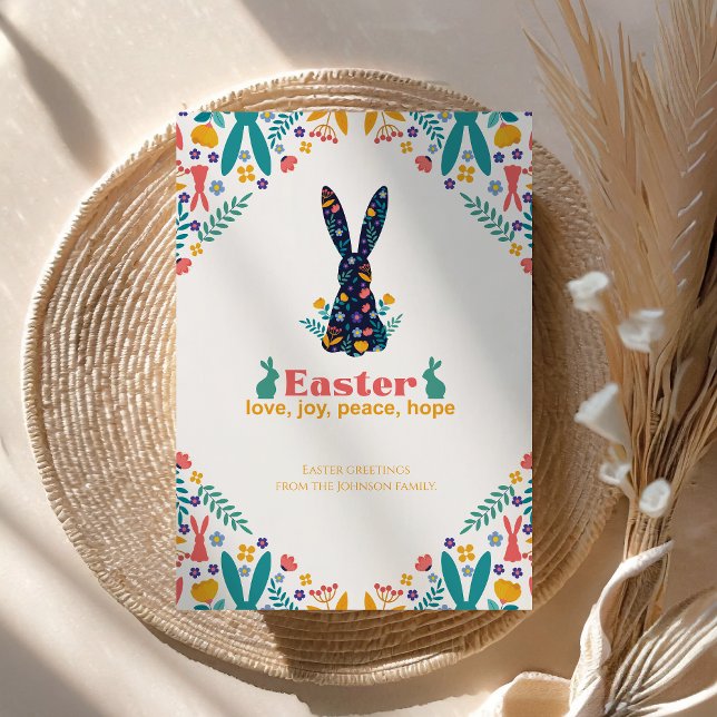 Cartes Pour Fêtes Annuelles Pâques Joie Amour Paix Floral Lapin Pâques (Créateur téléchargé)