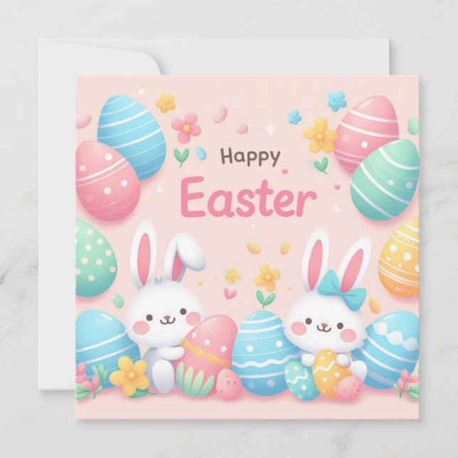 Cartes Pour Fêtes Annuelles Pâques joyeuses - Oeufs de lapin en couleurs paste (Devant)