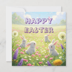 Cartes Pour Fêtes Annuelles Pâques Lavande Mignon Lapin Blanc Floral Printemps