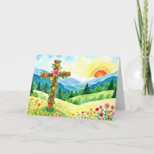 Cartes Pour Fêtes Annuelles Pâques Montagne Fleur Sauvage Aquarelle Croix