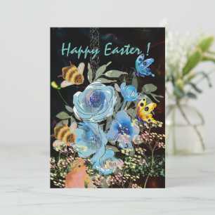Cartes Pour Fêtes Annuelles Pâques Noir Floral Bleu avec Oiseaux