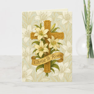 Cartes Pour Fêtes Annuelles Pâques Or  Croix Lys Le Christ est Ressuscité 