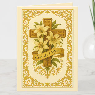 Cartes Pour Fêtes Annuelles Paques Or  Croix Lys Le Christ est Ressuscité 