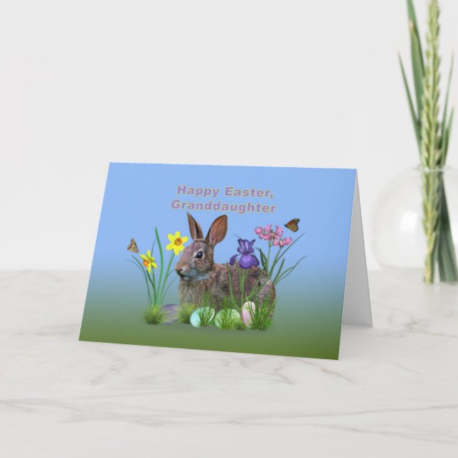Cartes Pour Fêtes Annuelles Pâques, petite-fille, lapin, oeufs, fleurs (Devant)