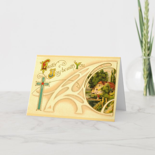 Cartes Pour Fêtes Annuelles Pâques religieuse avec la croix et la vignette (Devant)