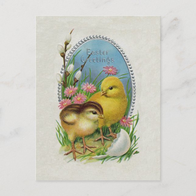 Cartes Pour Fêtes Annuelles Pâques Salutations Jaune Chicks Fleurs (Devant)