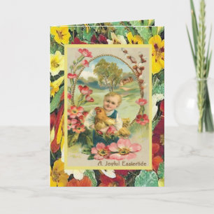 Cartes Pour Fêtes Annuelles Pâques vintage, enfant avec la poule et les fleurs