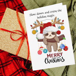 Cartes Pour Fêtes Annuelles Paresseux mignon avec chapeau de Père Noël, lumièr