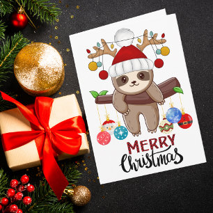 Cartes Pour Fêtes Annuelles Paresseux mignon avec chapeau de Père Noël, lumièr