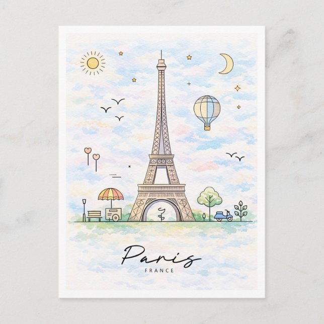 Cartes Pour Fêtes Annuelles Paris Eiffel Tower Watercolor | France (Devant)