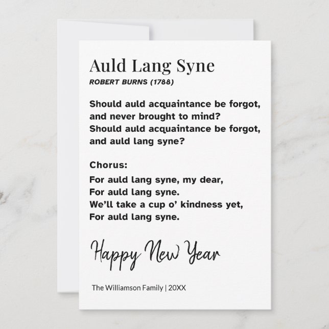 Cartes Pour Fêtes Annuelles Paroles de Auld Lang Syne Nouvel An Personnalisé (Devant)