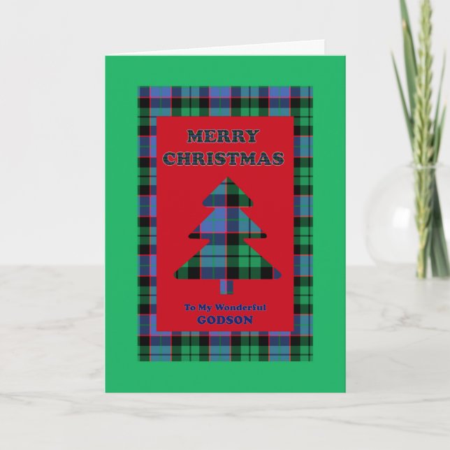 Cartes Pour Fêtes Annuelles Parrain, Sapin de Noël Tartan (Devant)