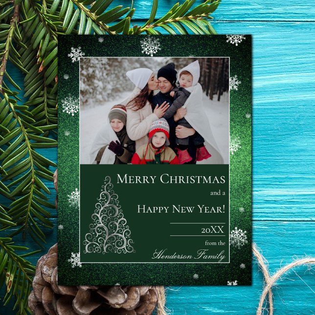 Cartes Pour Fêtes Annuelles Parties scintillant d'arbre de Noël et flocons de  (Christmas Tree Glitter and Snowflakes Holiday Photo Card - Green)