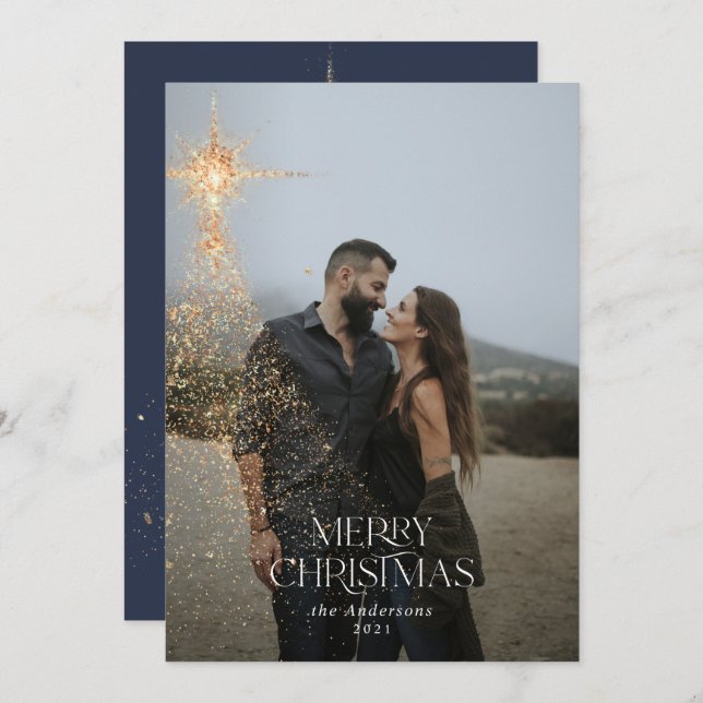 Cartes Pour Fêtes Annuelles Parties scintillant d'or brillant bleu moderne Noë (Devant / Derrière)