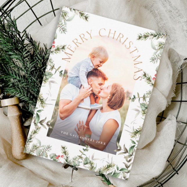Cartes Pour Fêtes Annuelles Parties scintillant d'or Foliage de Noël (Christmas greenery arch photo holiday card.)
