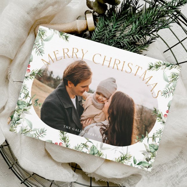Cartes Pour Fêtes Annuelles Parties scintillant d'or Foliage de Noël (Christmas foliage greenery photo holiday card.)