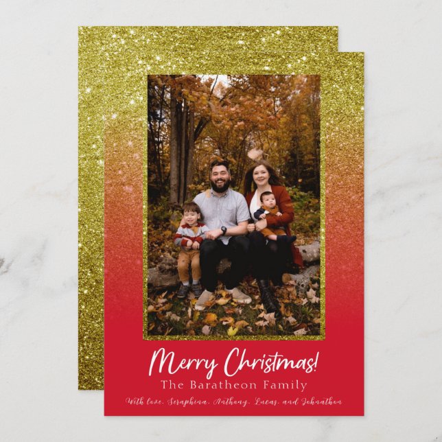 Cartes Pour Fêtes Annuelles Parties scintillant d'or rouge Noël familial perso (Devant / Derrière)