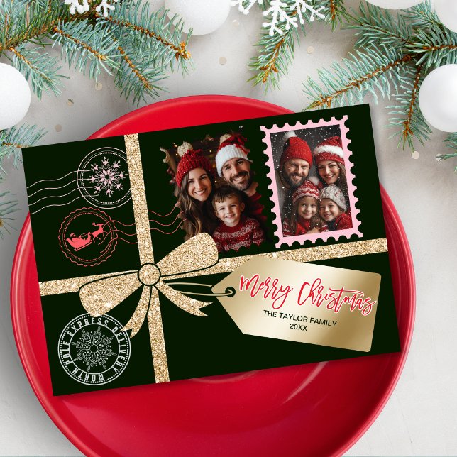 Cartes Pour Fêtes Annuelles Parties scintillant unique Gold Bow cadeau photo J (christmas card designed like a gift box with gold glitter ribbon, bow and gift tag)