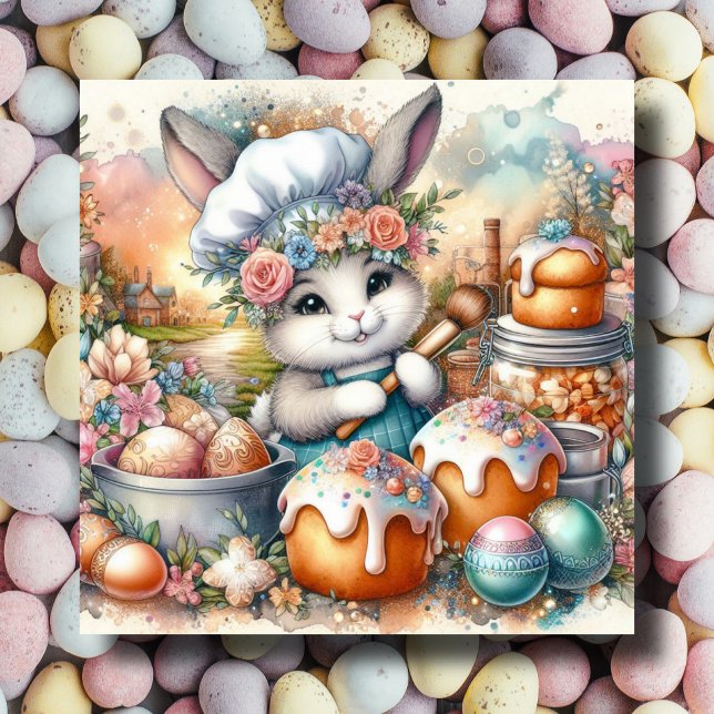 Cartes Pour Fêtes Annuelles Pastel Aquarelle Chef Bunny Soins de Pâques (Créateur téléchargé)