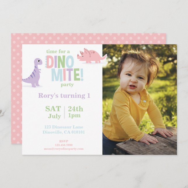 Cartes Pour Fêtes Annuelles Pastel Baby Dinosaur Enfants Photo Anniversaire (Devant / Derrière)