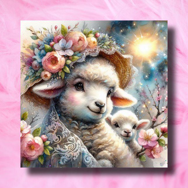 Cartes Pour Fêtes Annuelles Pastel Baby Lamb et maman Pâques chrétiennes (Créateur téléchargé)