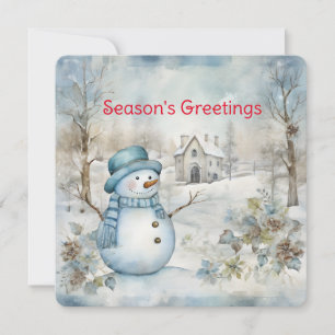 Cartes Pour Fêtes Annuelles Pastel Blue Snowman et la vieille église scène d'h