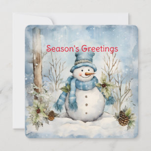 Cartes Pour Fêtes Annuelles Pastel Blue Snowman Pine Cônes Holly Winter Scène