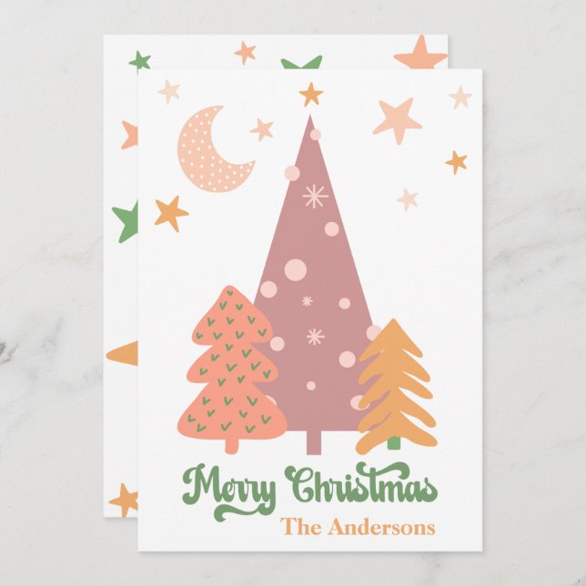 Cartes Pour Fêtes Annuelles Pastel BOHO Xmas Trees Joyeux Noël (Devant / Derrière)