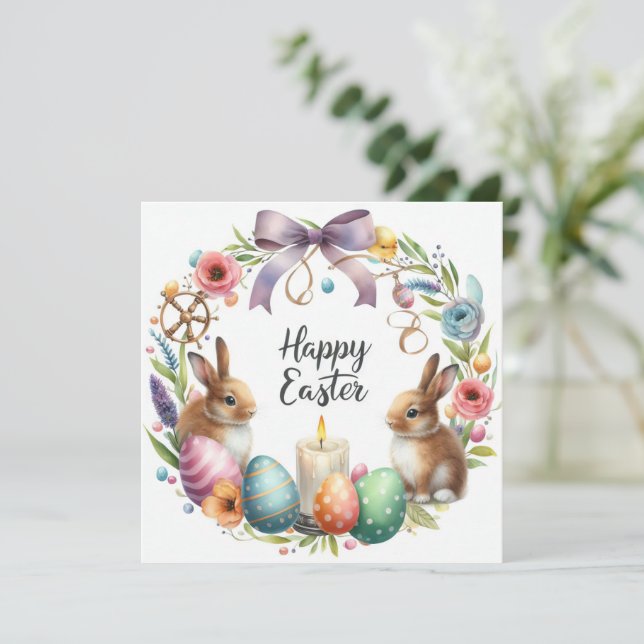 Cartes Pour Fêtes Annuelles Pastel Bunny Bunny Floral Illustration (Debout devant)