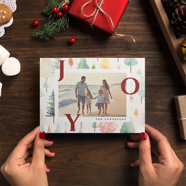 Cartes Pour Fêtes Annuelles Pastel Christmas Trees Red Joy Photo Holiday Card (Créateur téléchargé)