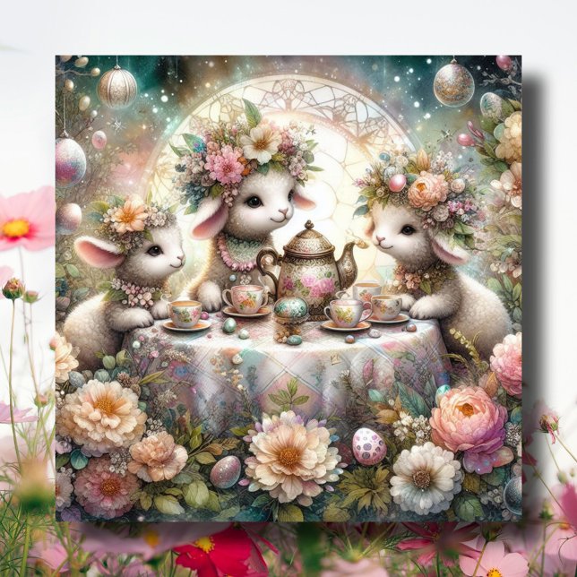 Cartes Pour Fêtes Annuelles Pastel Cute Lamb Tea Party de Pâques (Créateur téléchargé)