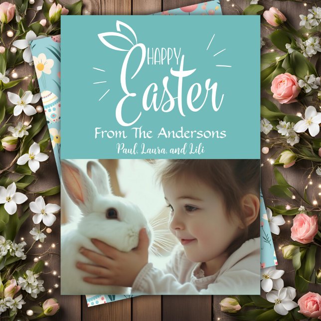 Cartes Pour Fêtes Annuelles Pastel Green Happy Pâques Photo personnalisée (Pastel Green Happy Easter Custom Photo Holiday Card)