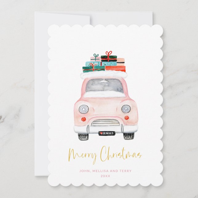 Cartes Pour Fêtes Annuelles Pastel Pink Car Farmhouse Check Joyeux Noël (Devant)