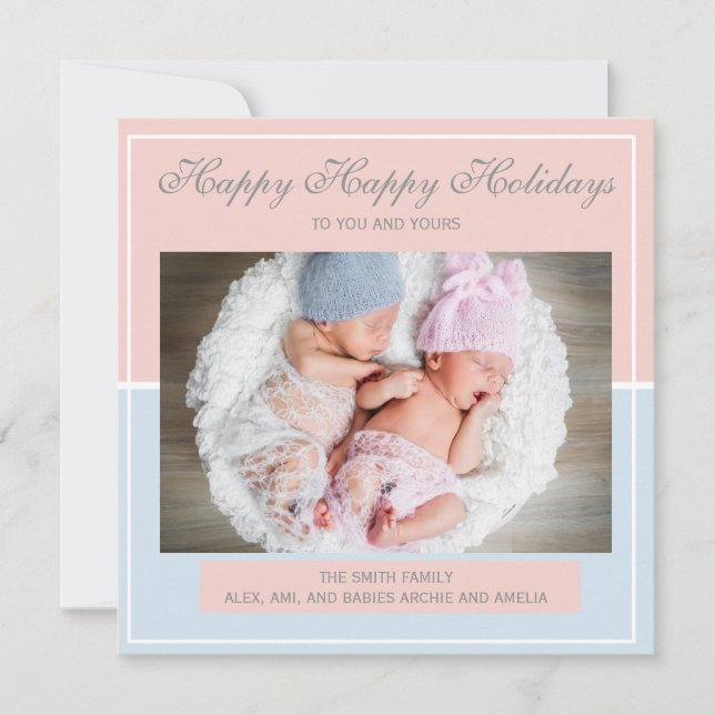 Cartes Pour Fêtes Annuelles Pastel rose et bleu Twin Boy Girl Photo Noël (Devant)