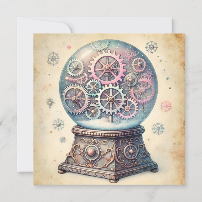 Cartes Pour Fêtes Annuelles Pastel Steampunk Christmas Snow Globe Salutations (Devant)
