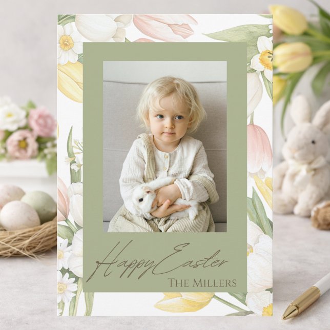Cartes Pour Fêtes Annuelles Pastel Tulips & Daffodils Happy Easter Photo Card (Créateur téléchargé)