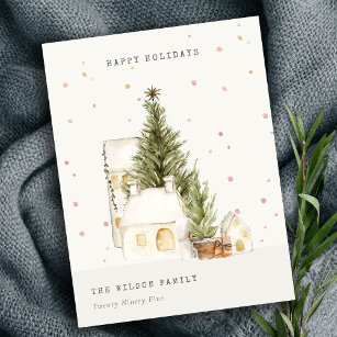 Cartes Pour Fêtes Annuelles Pastel White Snow Tree Maisons Joyeuses Fêtes