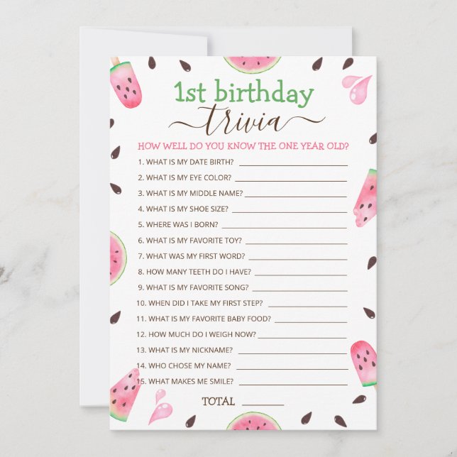 Cartes Pour Fêtes Annuelles Pastèque Un Melon Unique Jeu De Questions Pour 1er (Devant)